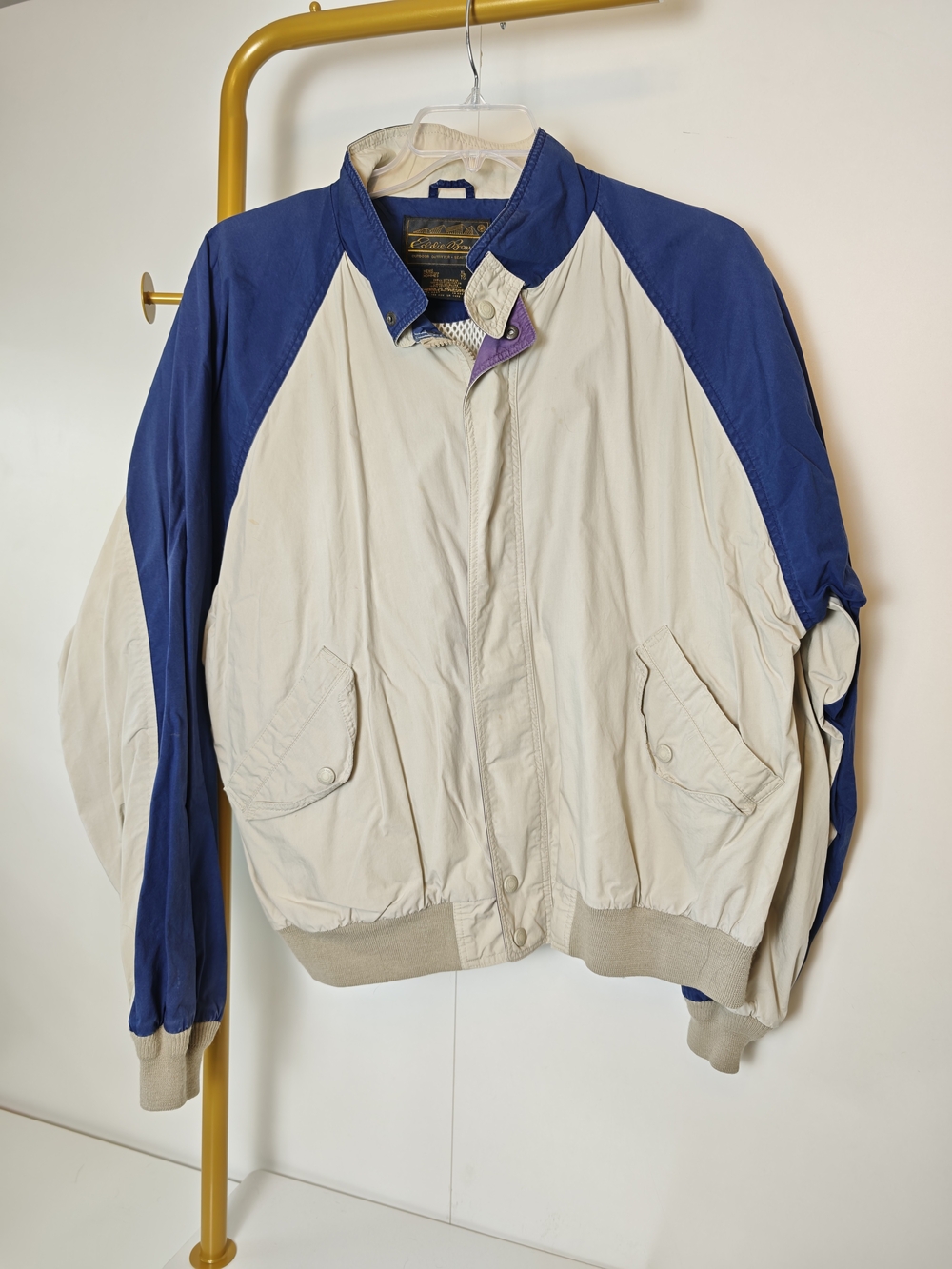 Vintage 90s Eddie Bauer Two Tone Bomber Jacket Mens XL Cream Blue Raglan